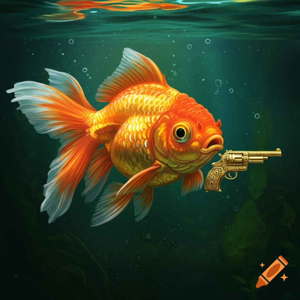 A goldfish holding a golden gun underwater