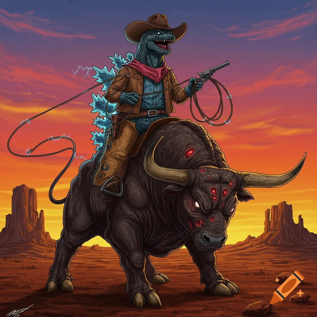 Godzilla as a cowboy rides a multi-eyed bull in a desert landscape at sunset.