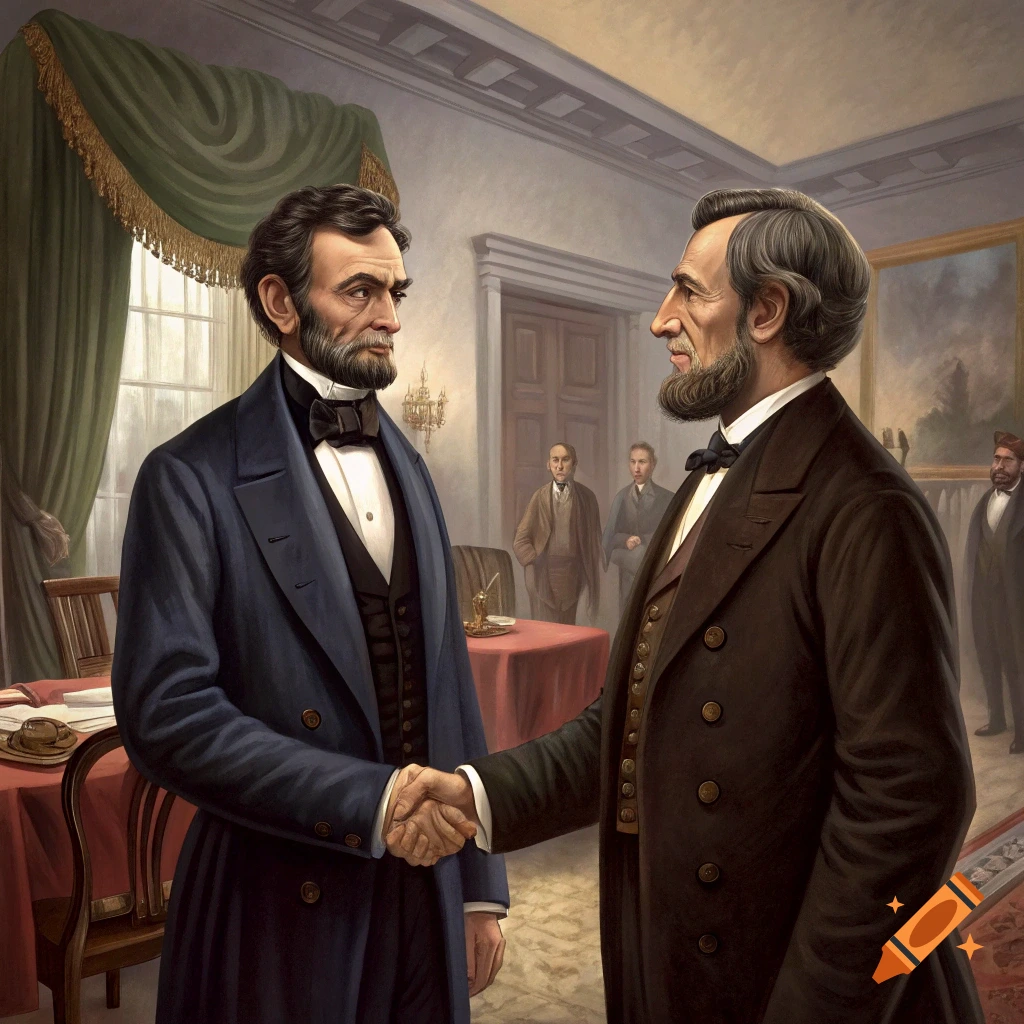 Abraham Lincoln and another man in historical clothing shake hands in a room, painted style