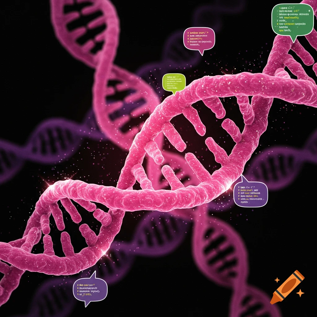 A pink DNA helix with sparkles on a black background, with colorful speech bubbles containing illegible text.