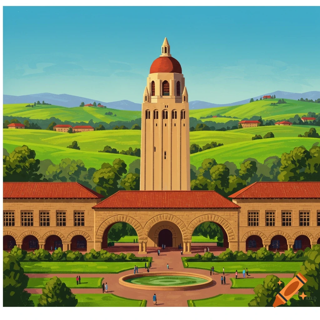 A university building featuring a tall tower, fountain, and people on a lawn, set against green hills.