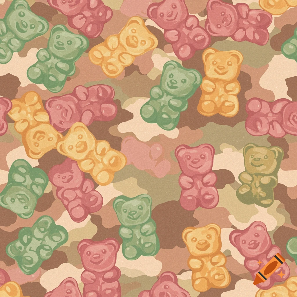 Seamless pattern of colorful gummy bears on a camouflage background.
