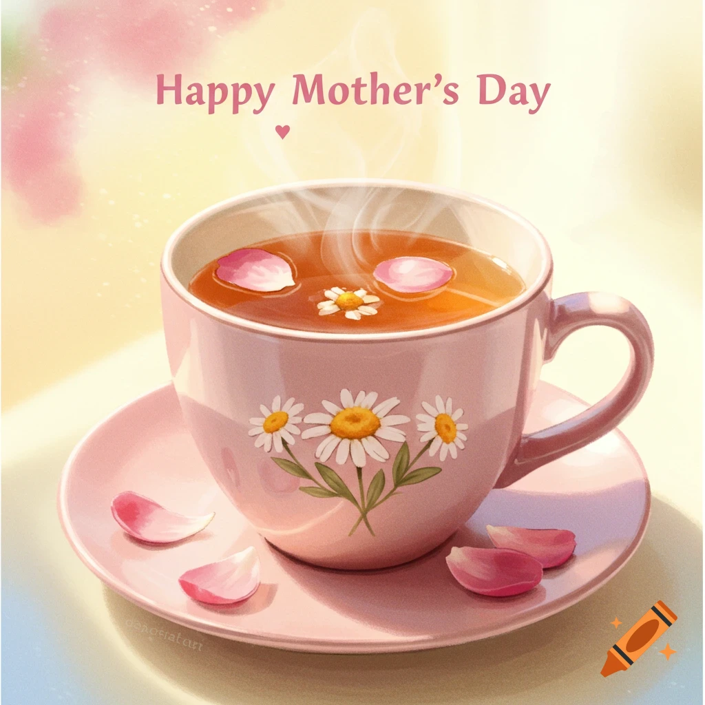 A pink cup of tea with daisies, rose petals, steam, and 'Happy Mother's Day' text.