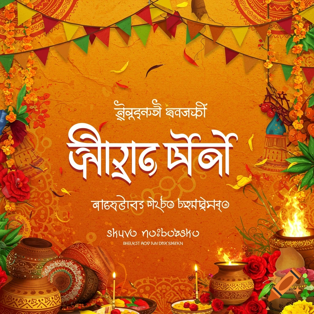 Colorful illustration for Shubho Noboborsho with Bengali text, flags, flowers, pots, and candles.