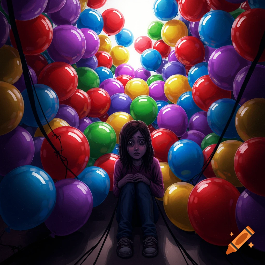 A young person looking scared while surrounded by many colorful balloons.