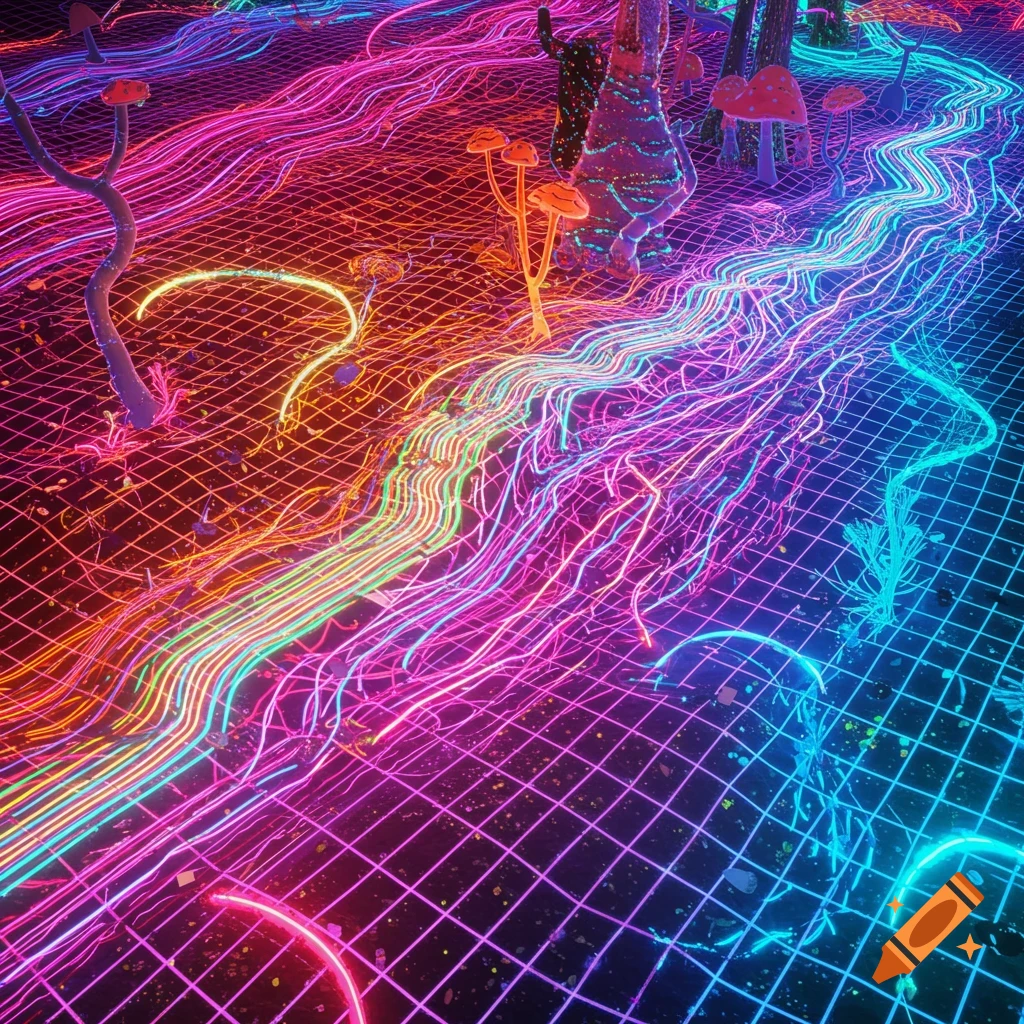 Digital art of a landscape with neon trails, a grid floor, mushrooms, and trees.