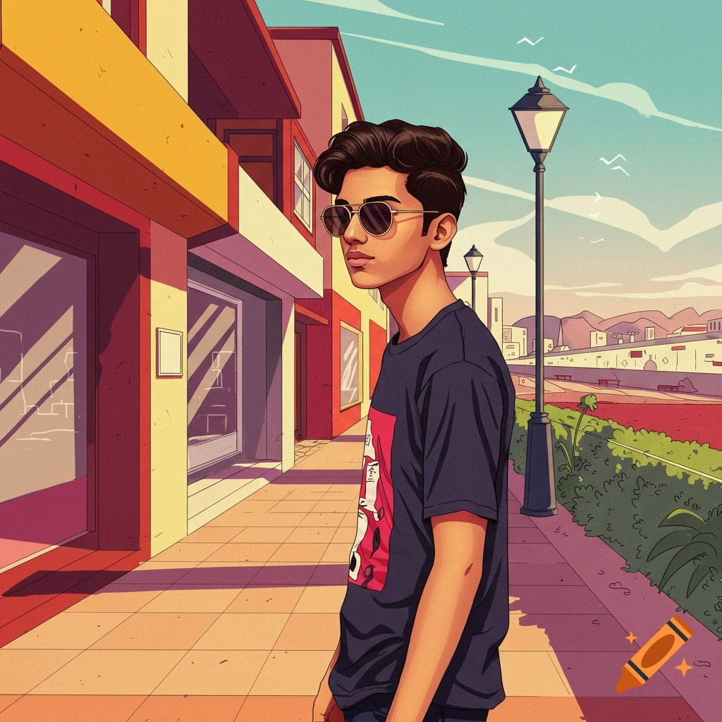 Young man in sunglasses walks down a stylized street.