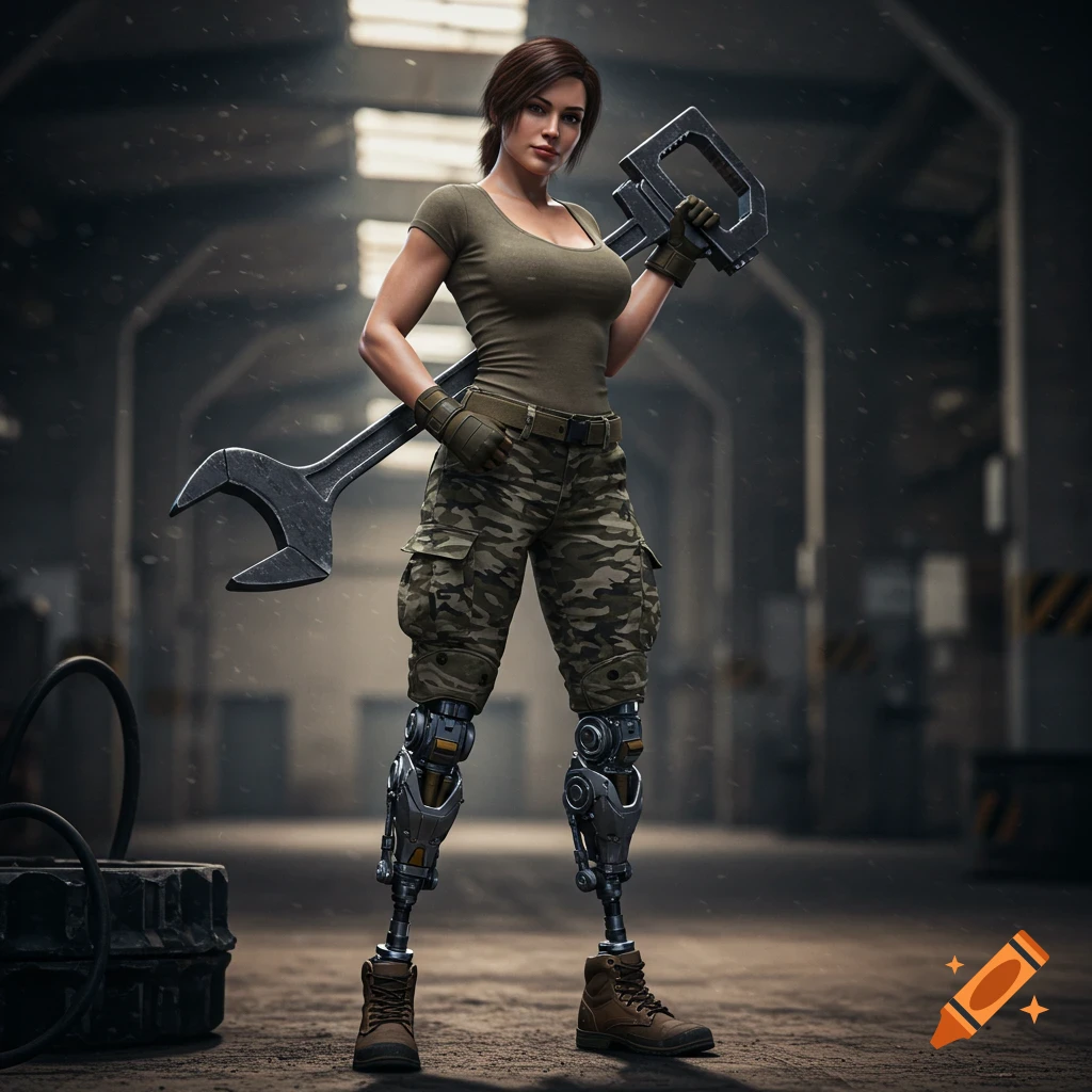 Female soldier with robotic legs holds a large wrench in a warehouse