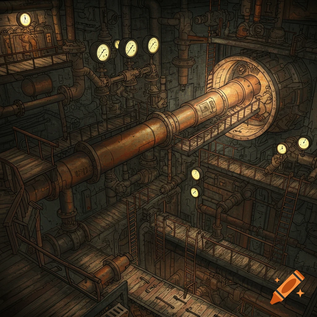 A complex industrial interior is filled with pipes, gauges, walkways, and ladders in a steampunk/dystopian style.