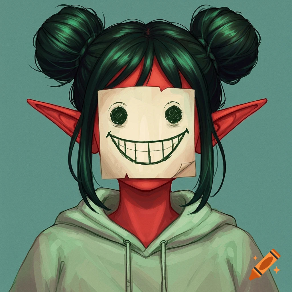 An elf girl with red skin and green hair wears a hoodie and a paper mask with a large drawn smile.