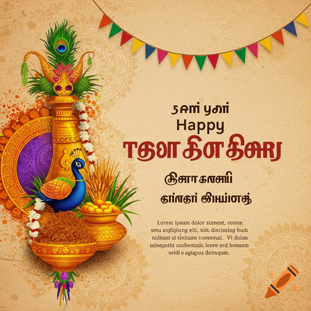 A festive card for Tamil New Year with a decorated pot, peacock, garlands, and text greeting.
