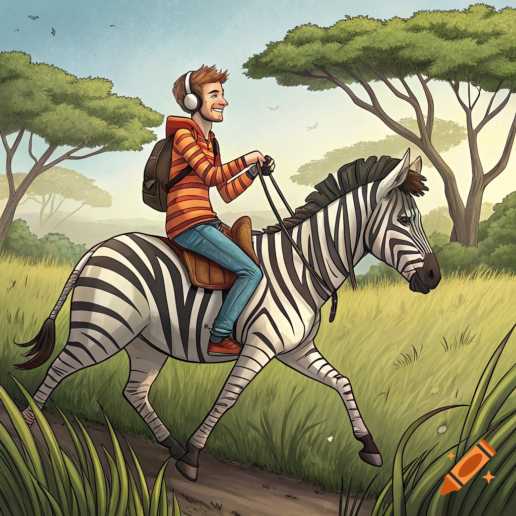 An illustrated man with headphones rides a zebra through a savanna.