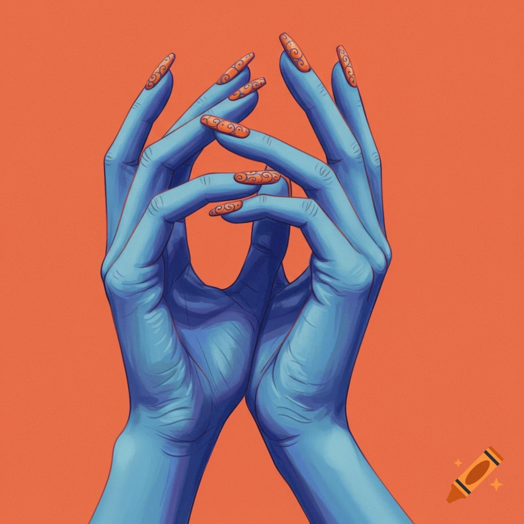 Two blue hands with long orange swirling nails against an orange background.