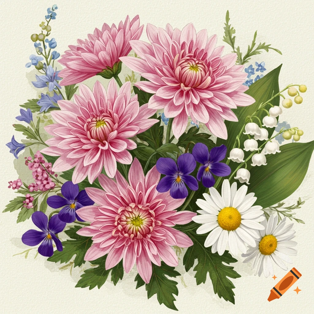 A flower bouquet with pink chrysanthemums, purple violets, white lily of the valley, and white daisies.