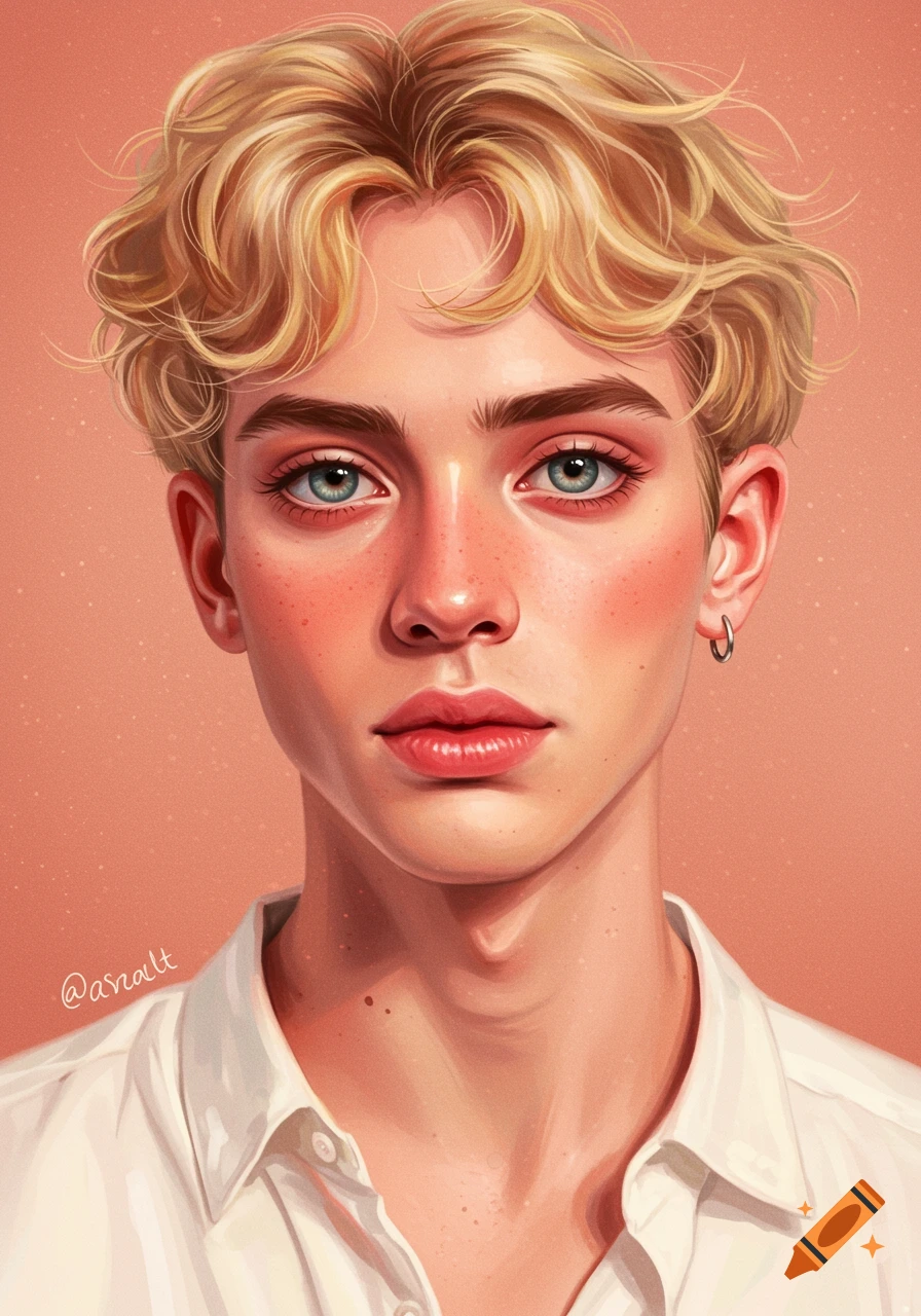 A portrait of a young person with blonde hair and blue eyes, wearing a white shirt, against a peach background.