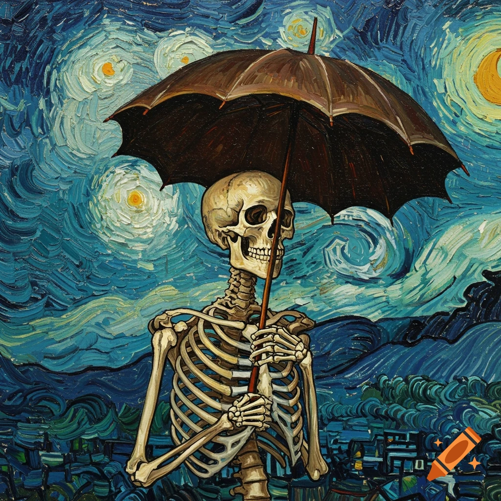 A skeleton holds an umbrella against a swirling Van Gogh-style starry night sky.