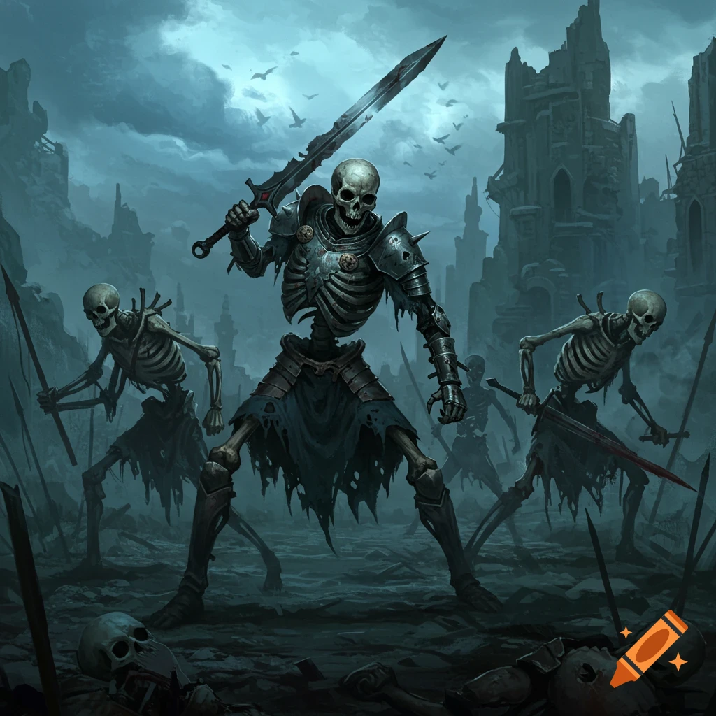 Armed skeletons standing in a ruined city landscape