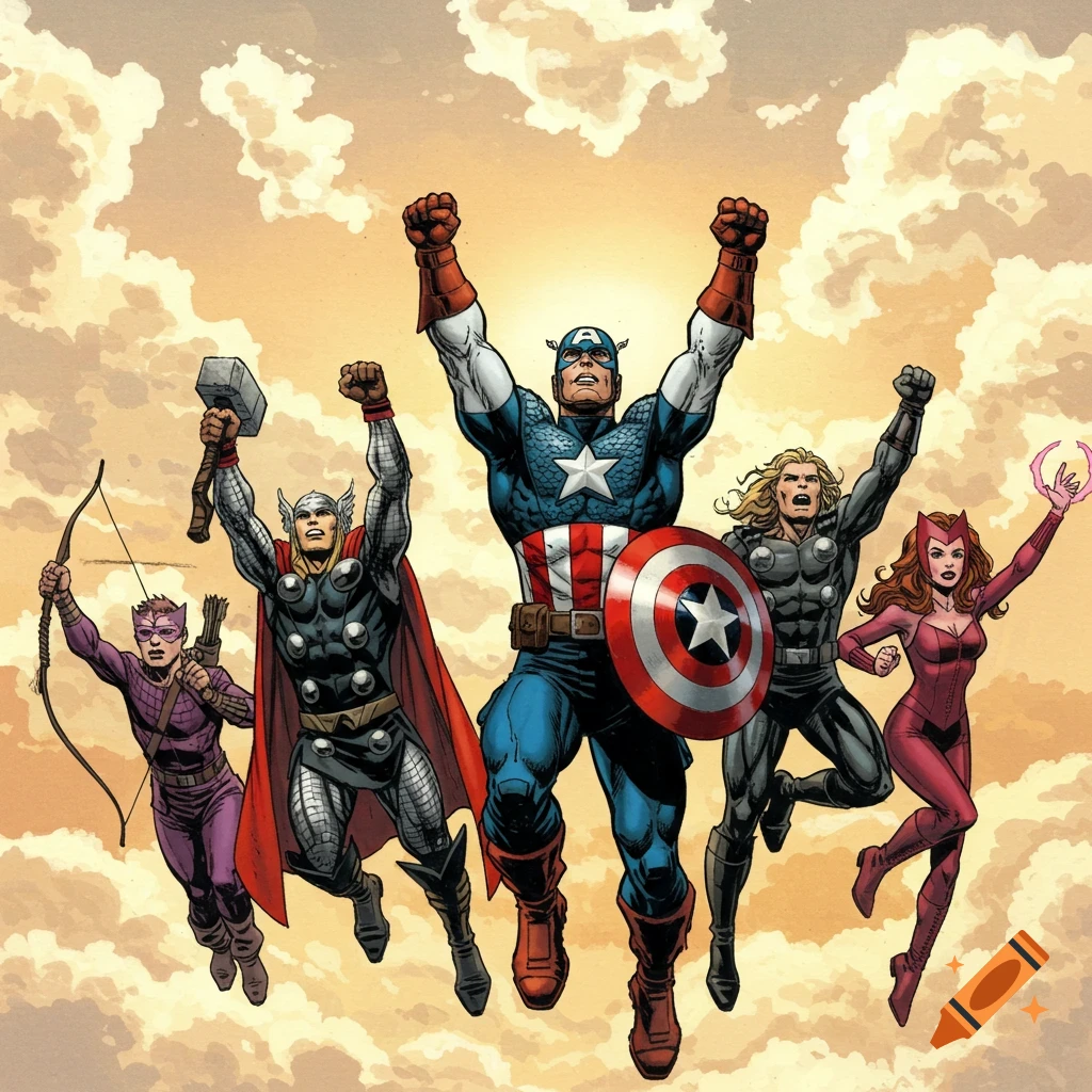 Comic book style of the Avengers flying upwards through clouds, raising fists in victory.