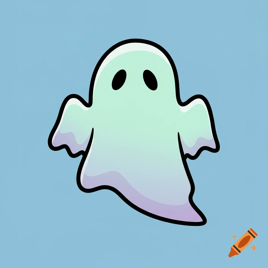 A stylized cartoon ghost with a thick black outline floats against a blue background.