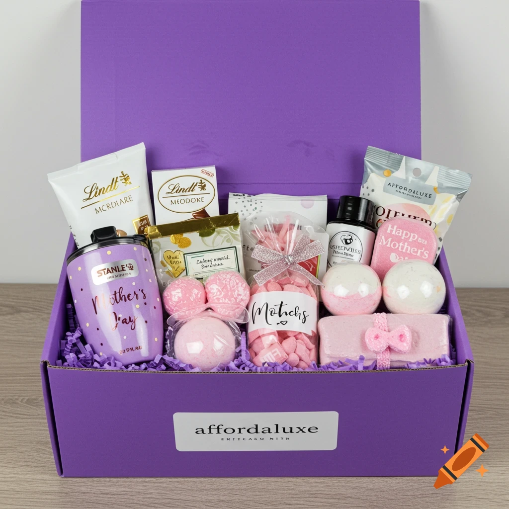 A purple gift box filled with Mother's Day gifts including Lindt chocolate, bath bombs, a Stanley-style tumbler, and skincare.