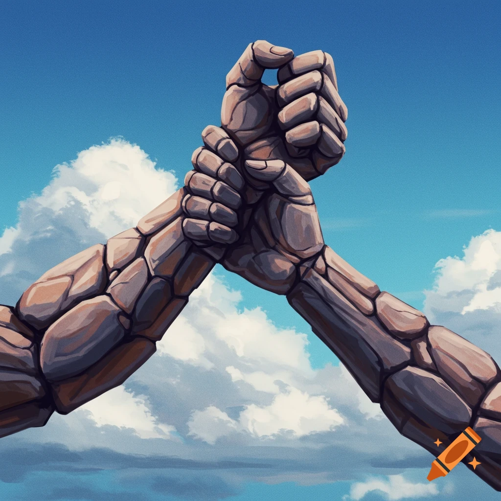 Two stone arms with interlocking hands against a cloudy sky.