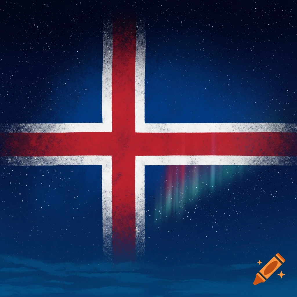 Stylized Icelandic flag with a night sky and aurora borealis.