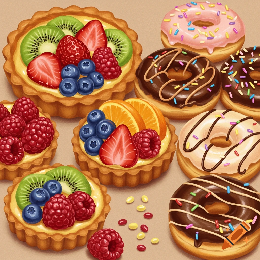 Fruity tarts and assorted glazed doughnuts.