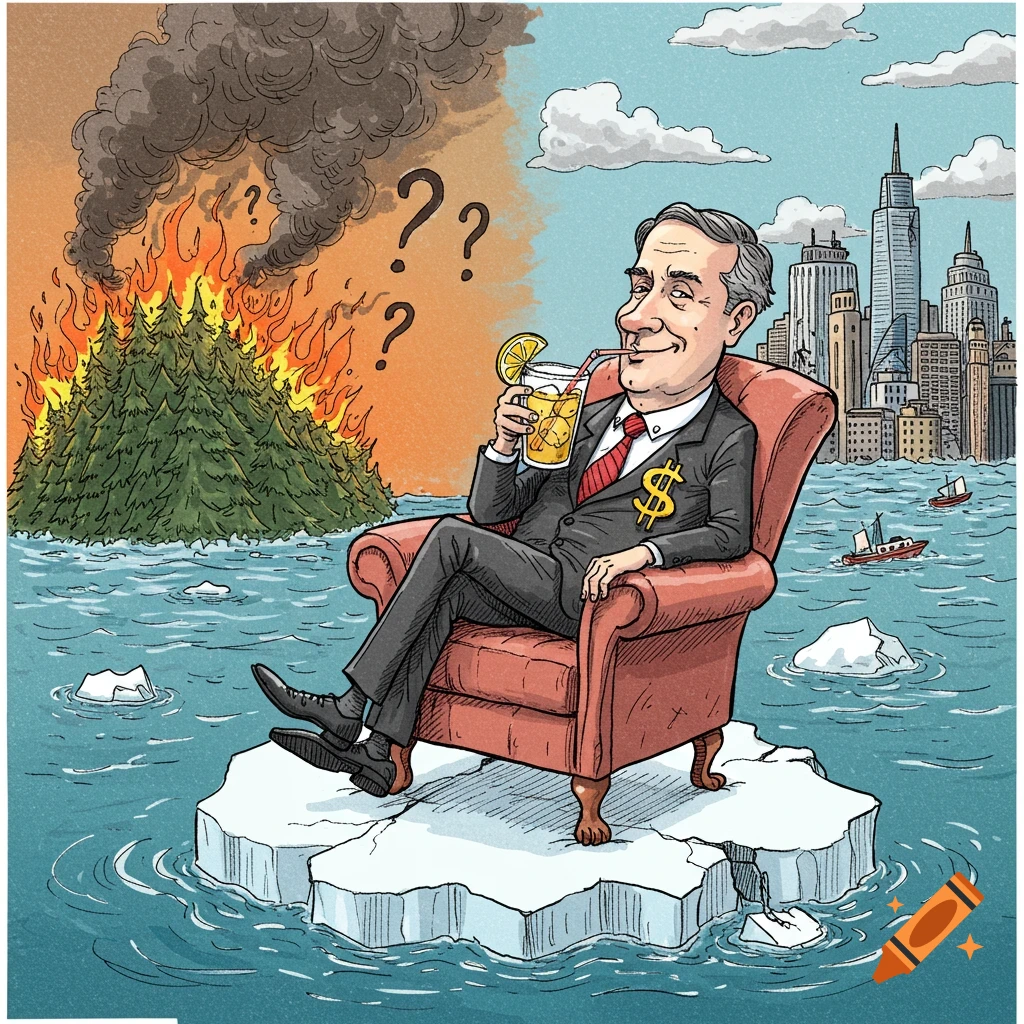 Political cartoon of a businessman on a melting iceberg watching a forest burn and a city flood