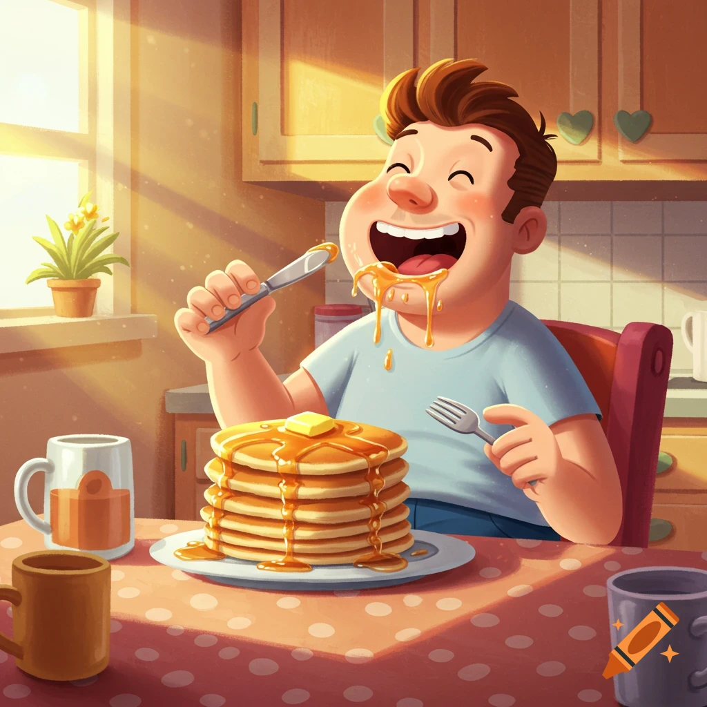 Cartoon man happily eating a stack of pancakes with syrup in a kitchen.