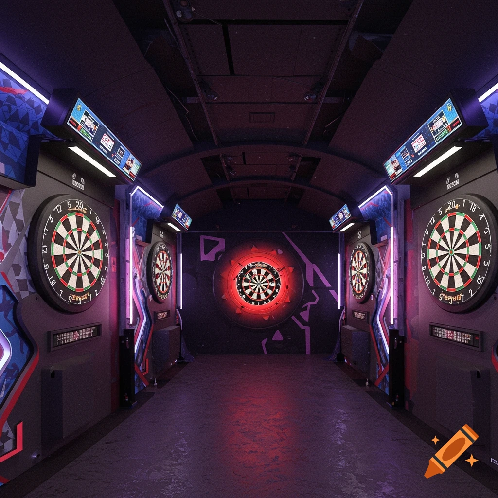 A dark room with multiple dartboards and neon lighting.