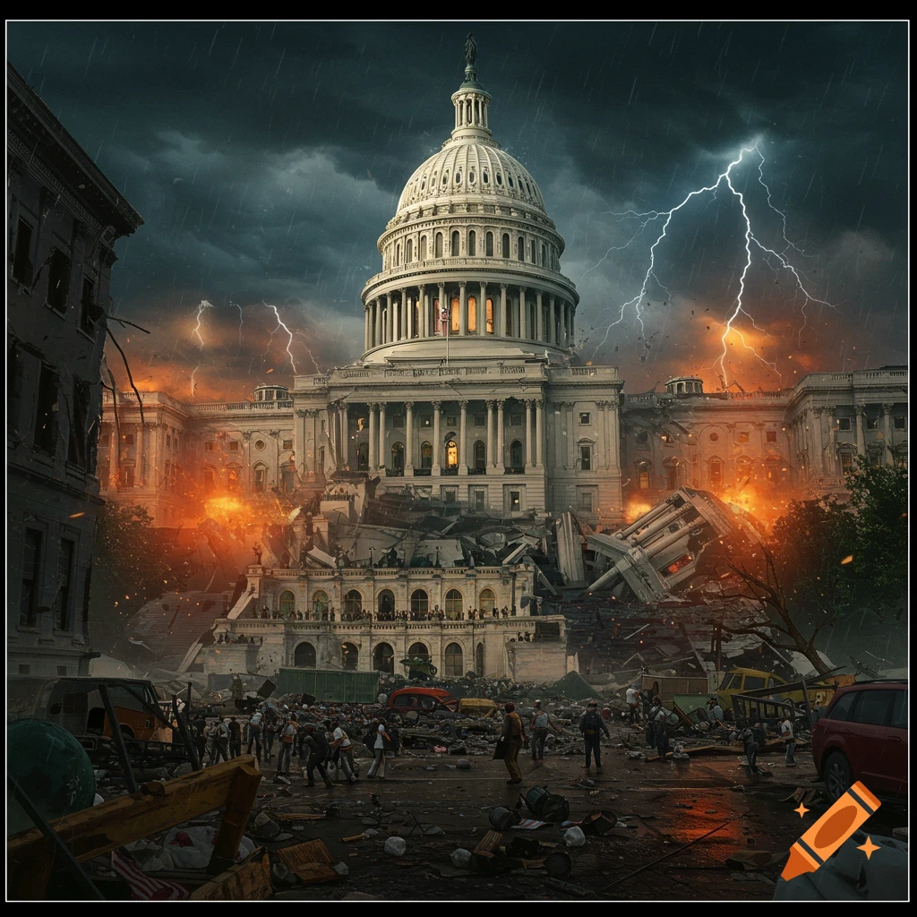 The US Capitol building lies in ruins under a stormy sky with lightning, with people visible among the debris.