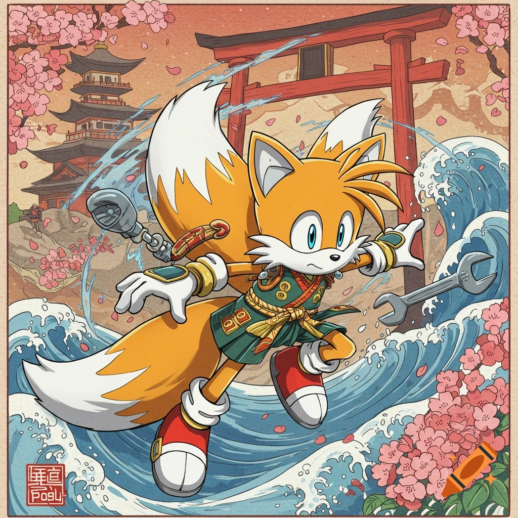 Tails from Sonic the Hedgehog in neo-Japanese style leaping over waves with cherry blossoms and architecture.