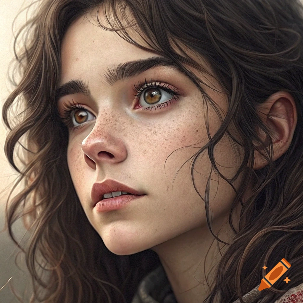 Close-up realistic portrait of a young woman with brown hair and freckles looking up.