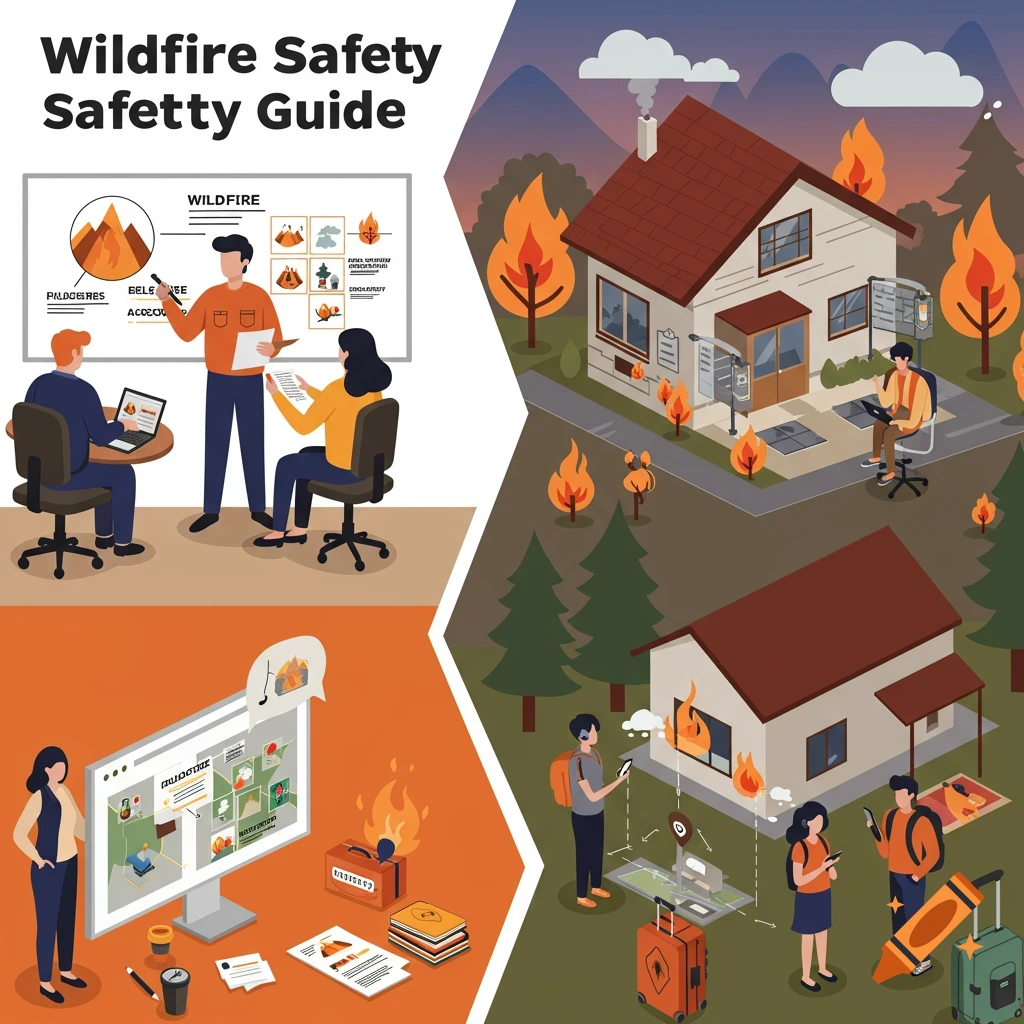 Illustration of a wildfire safety guide showing people in office, home, and travel scenarios.