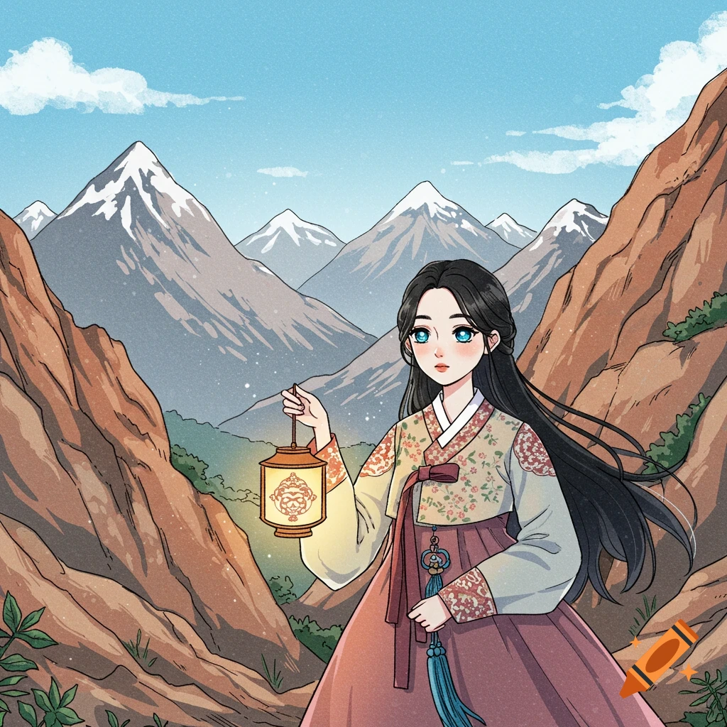 Drawing of a woman in a hanbok holding a lantern in the mountains.