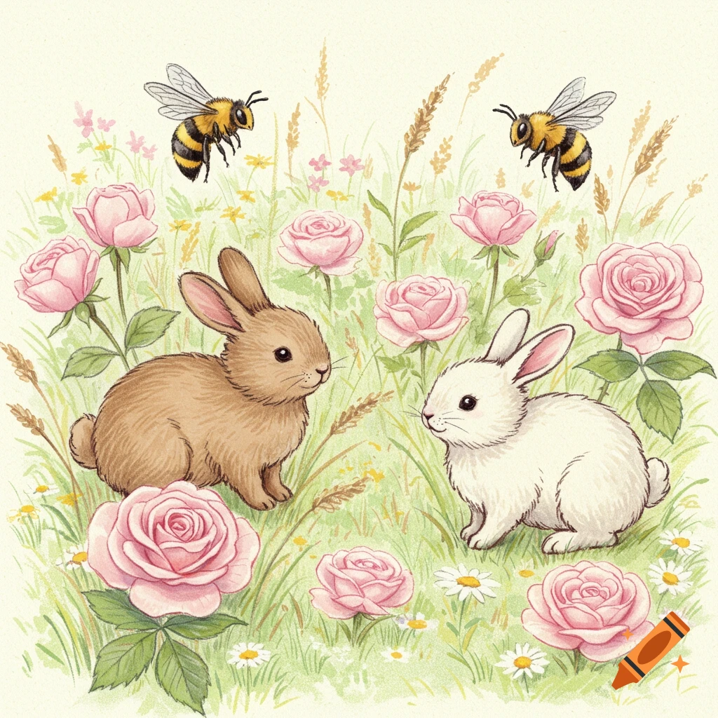 A colored pencil sketch of two bunnies and two bees among pink roses and daisies.