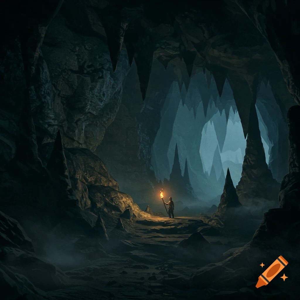 A person with a torch explores a dark cave with large stalactites and fog.