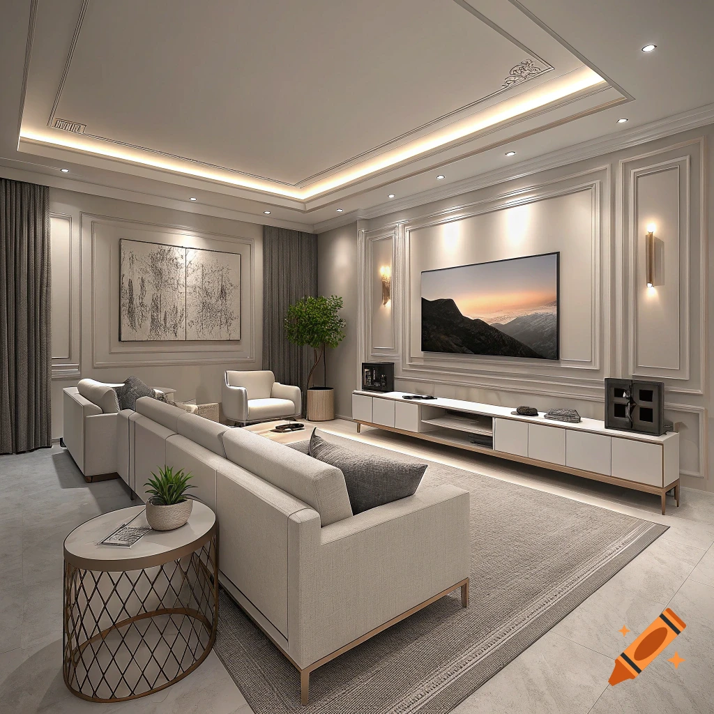 Modern minimalist living room with a large TV displaying a mountain sunset.