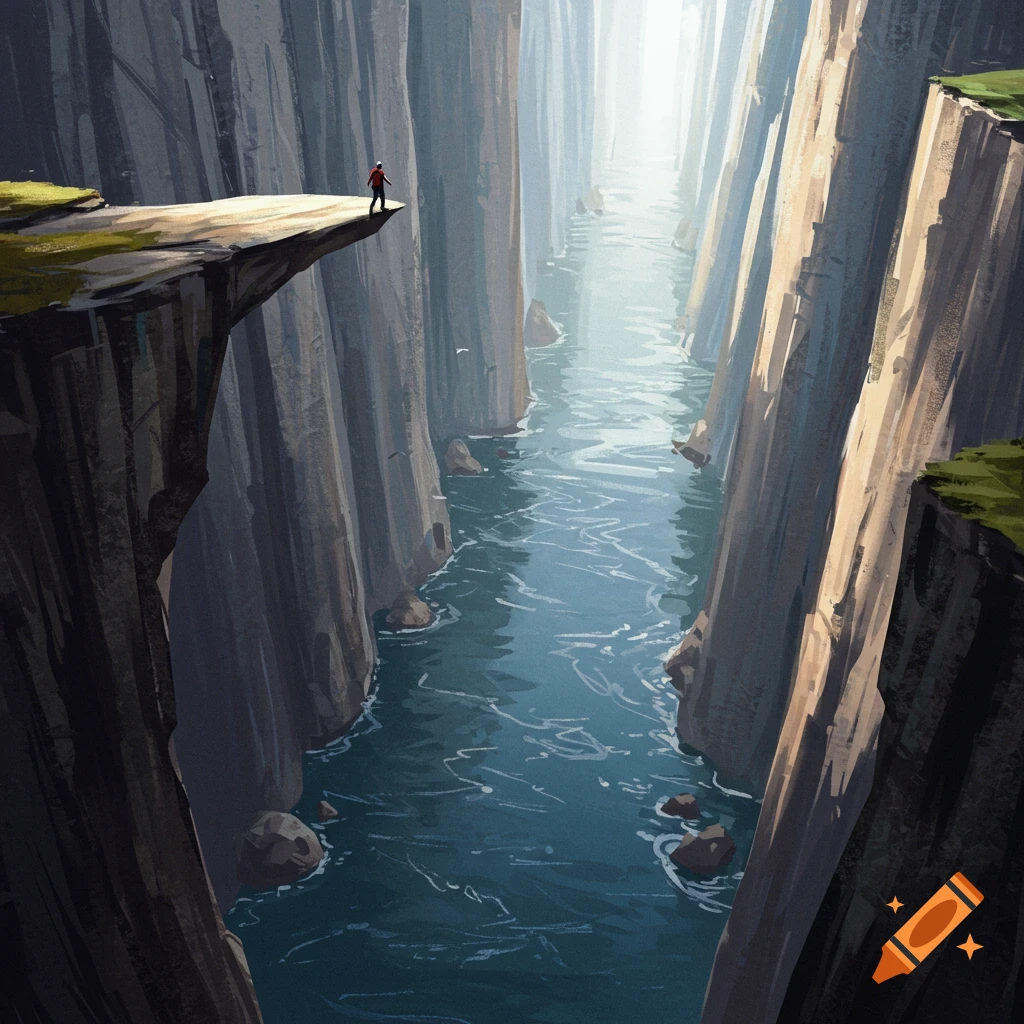 A person stands on the edge of a tall cliff overlooking a river winding through a deep canyon.