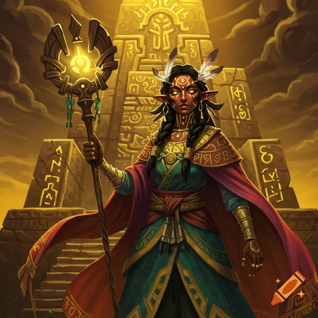 A female fantasy character with a staff stands before a temple.
