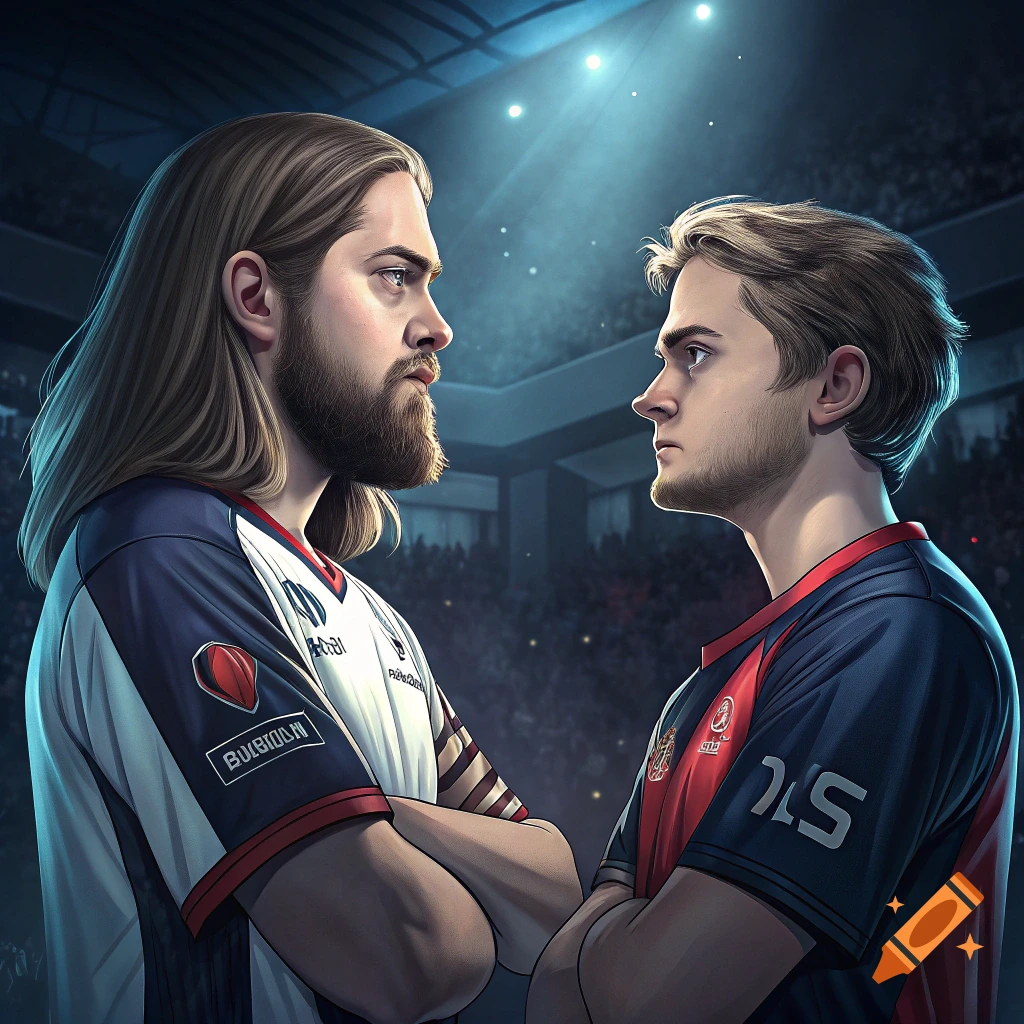 Two esports players stare each other down in an arena.