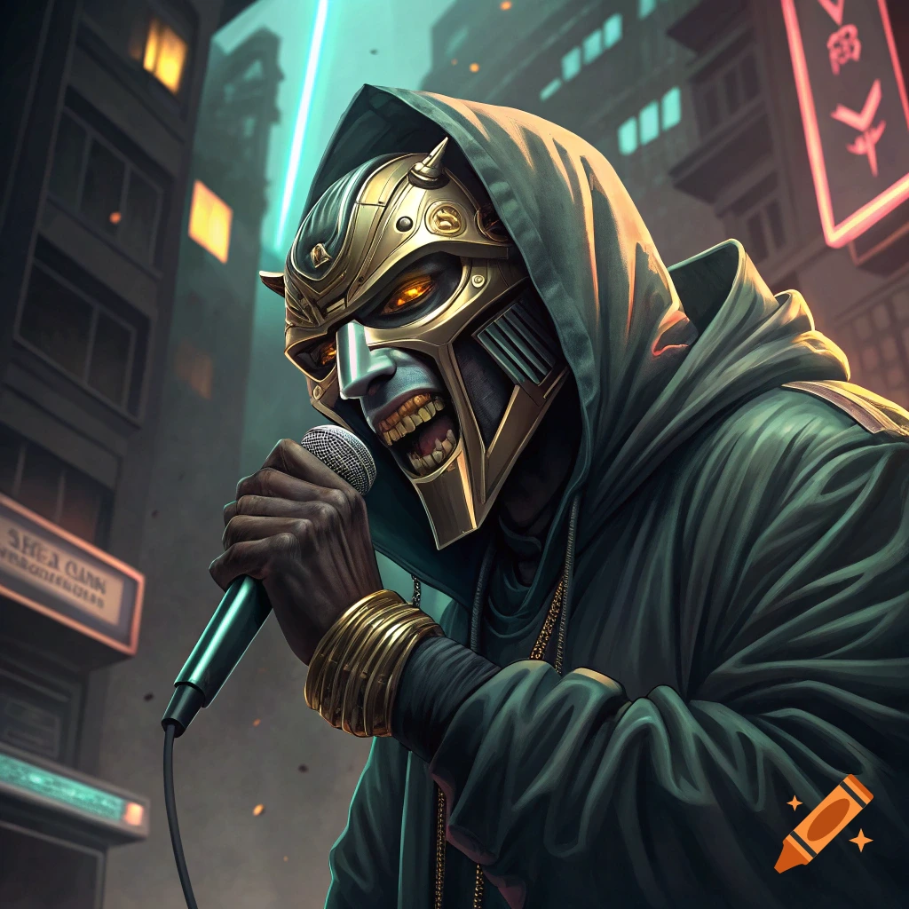Masked figure resembling MF DOOM holds microphone in a cyberpunk city setting, detailed illustration.