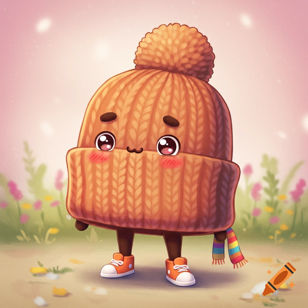 Cute cartoon beanie character with eyes, legs, and shoes, standing in a field.