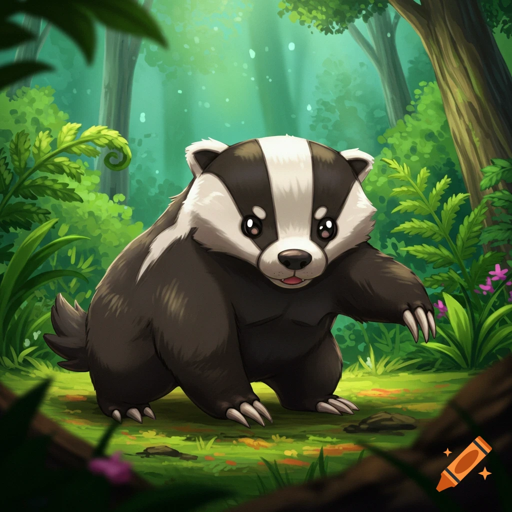 Cartoon badger standing in a forest.