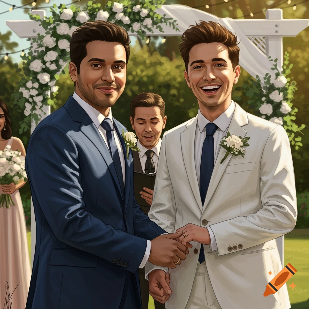 A couple in suits holding hands at an outdoor wedding ceremony.