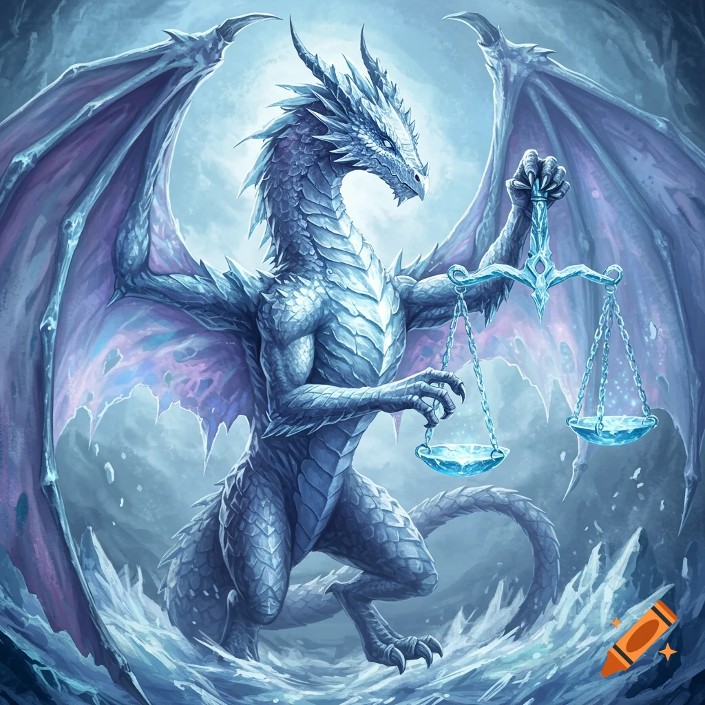 An ice dragon holding icy scales of justice in a frozen landscape.