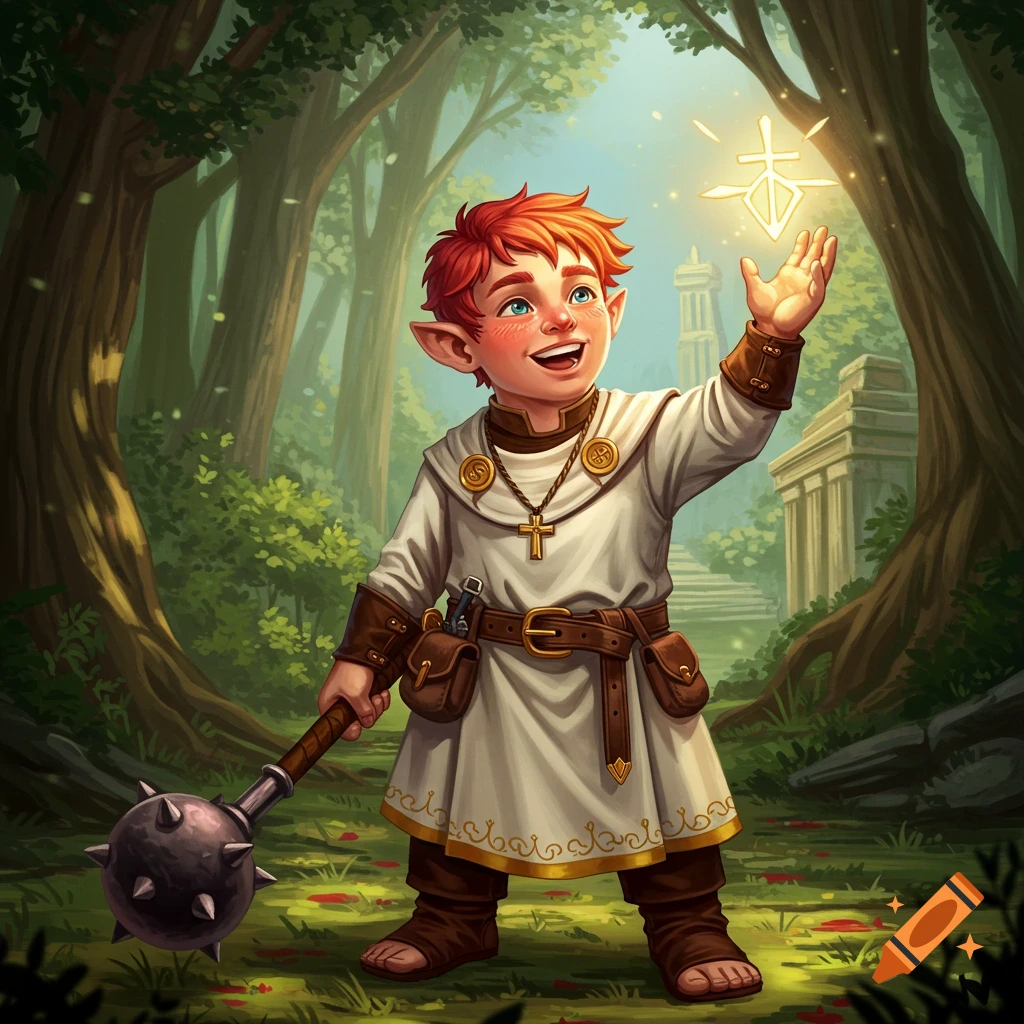 A young fantasy halfling priest with red hair, wearing robes, holds a mace and reaches for a glowing holy symbol in a forest.