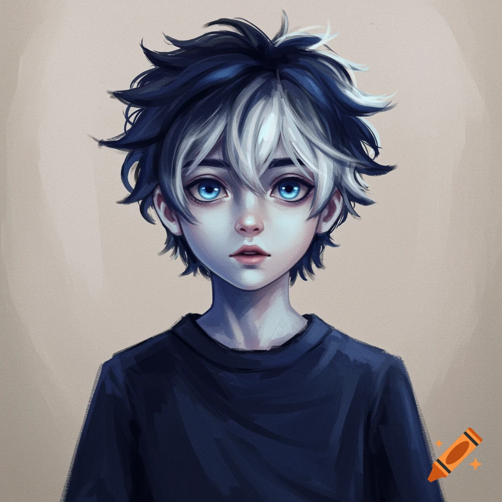 Portrait of a boy with blue eyes and messy dark blue and white hair.
