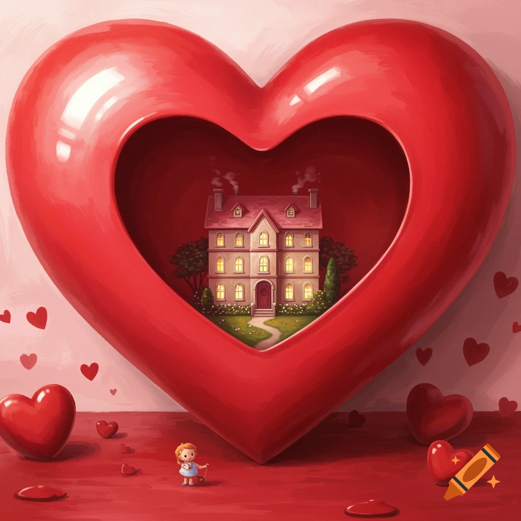 A giant red heart with a dollhouse inside, tiny person, and floating hearts.