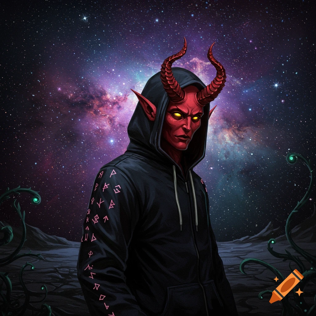 A red-skinned demon with horns and yellow eyes wears a dark hoodie with symbols, set against a starry galaxy background.